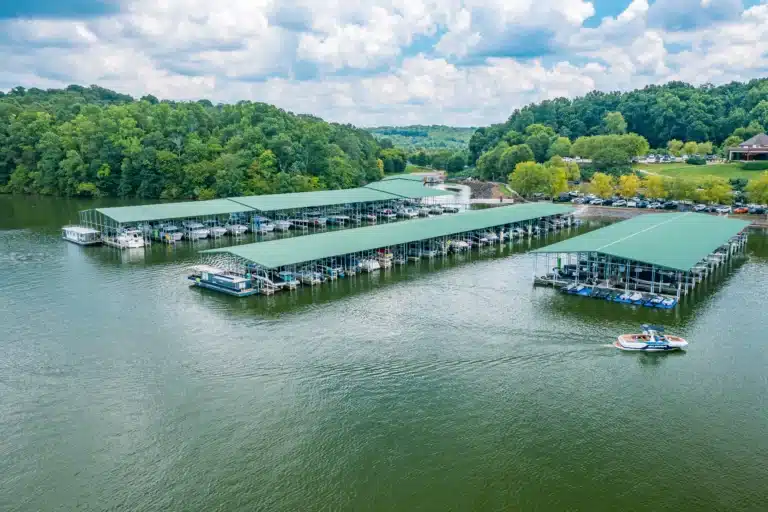 Aerial view of covered boat slips at Sun Life Concord Marina